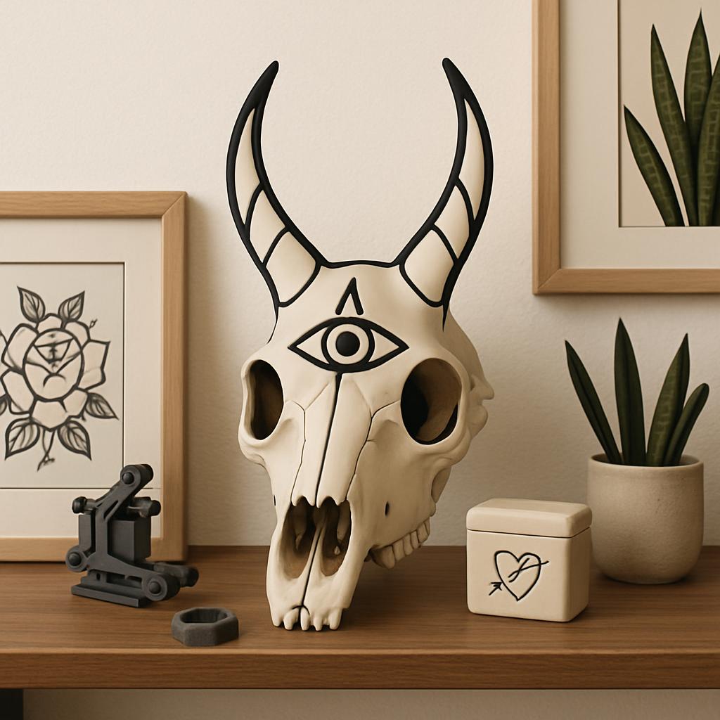 A skull with an eye in the center and horn-like protrusions, surrounded by decorative objects on a wooden shelf.