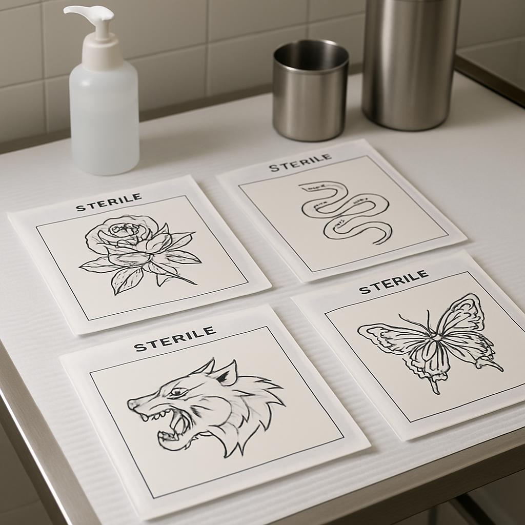 The image depicts various temporary tattoos arranged on a table, with a bottle of hand sanitizer and a metal cup just behi...