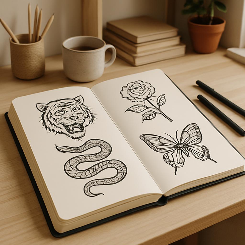 An open sketchbook on a desk with a tiger, snake, rose, and butterfly drawn on the pages.