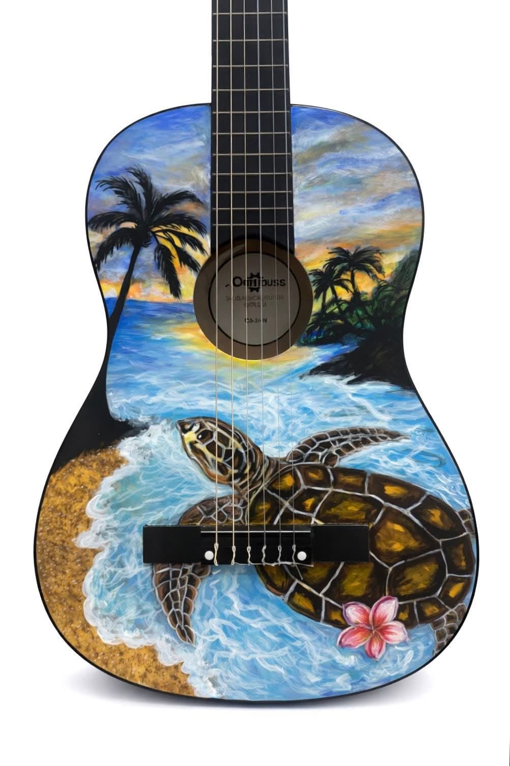 A guitar painted with a beach scene featuring a sea turtle, palm trees, and a sunset.
