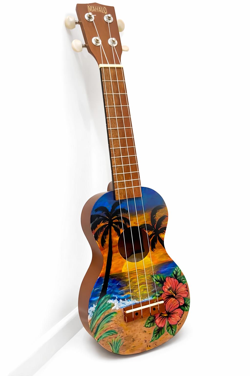 A ukulele with a painted beach scene, featuring palm trees, flowers, and a sunset.